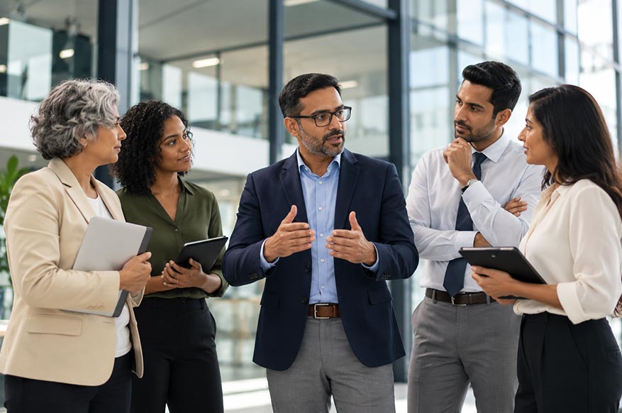 Team collaborating in a modern workspace