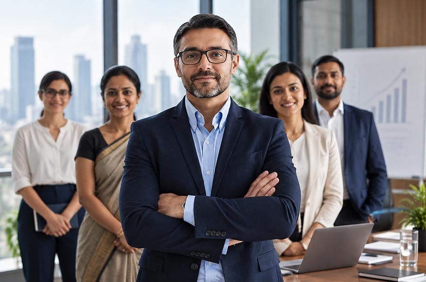 Leadership team collaborating in an office